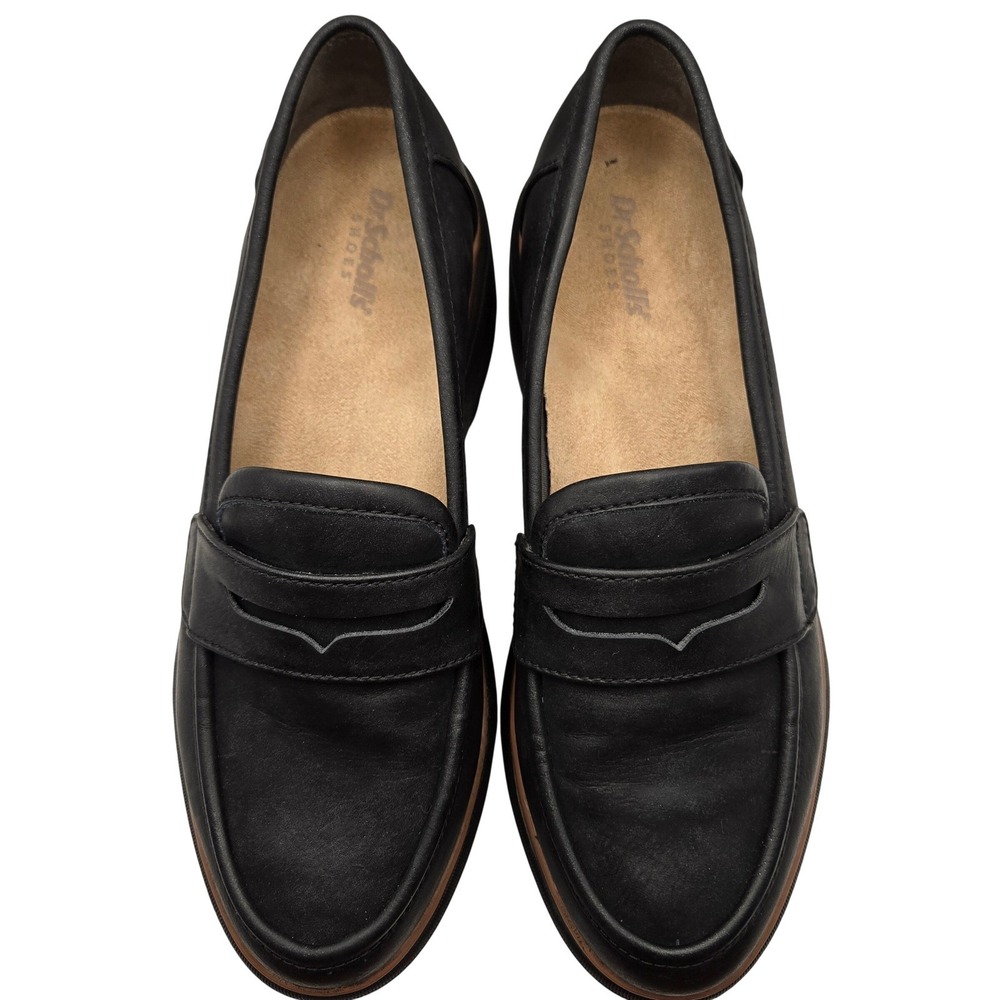 Dr Scholls Black Platform Penny Loafers Women Size 7 Wedge Shoes Preppy Academic